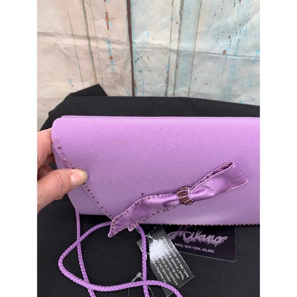Milano Lilac Satin Evening Clutch Purse W/ Bow Detail & Rope Strap - Picture 3 of 12